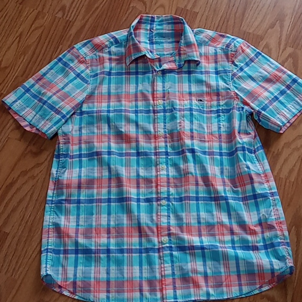 Vineyard Vines On the Go Performance Pastel Plaid Short Sleeve Shirt Size L